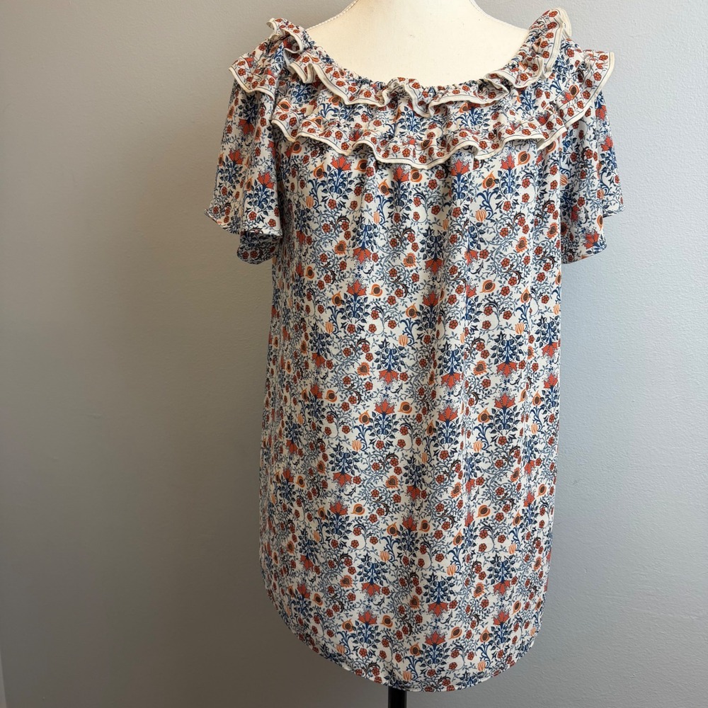 Max Studio Floral Ruffle Blouse XL Blue Orange Botanical Top Cottage Flowy